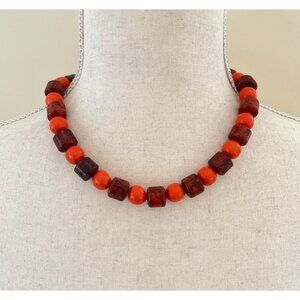 Vintage Retro Italian Orange Marbled Brown Bead Choker Necklace 17.5" Creative